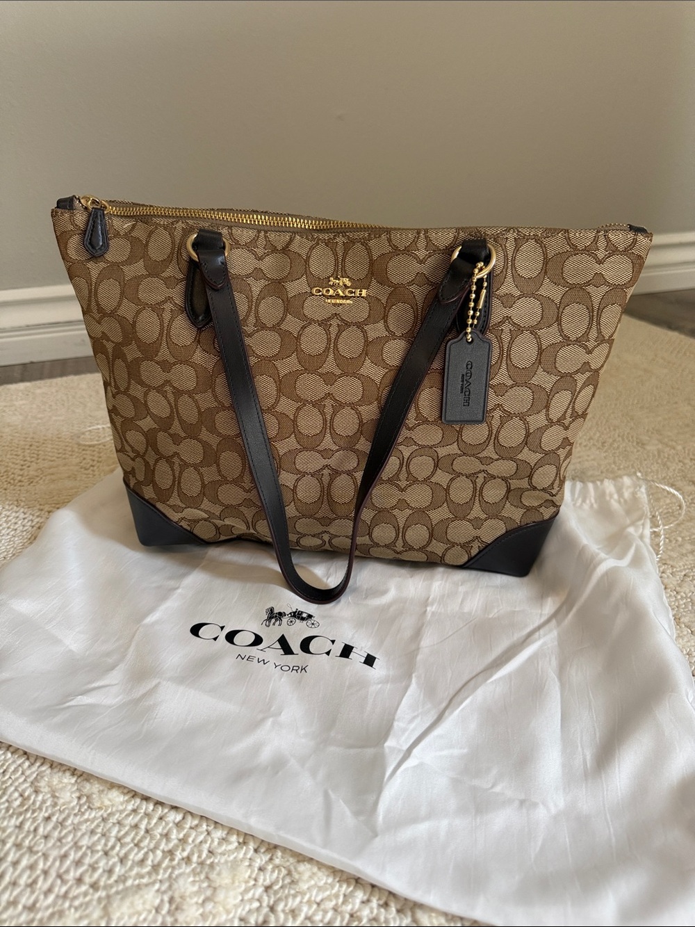 Coach Brown Signature Canvas Tote with Dark Brown Trim and Gold Hardware